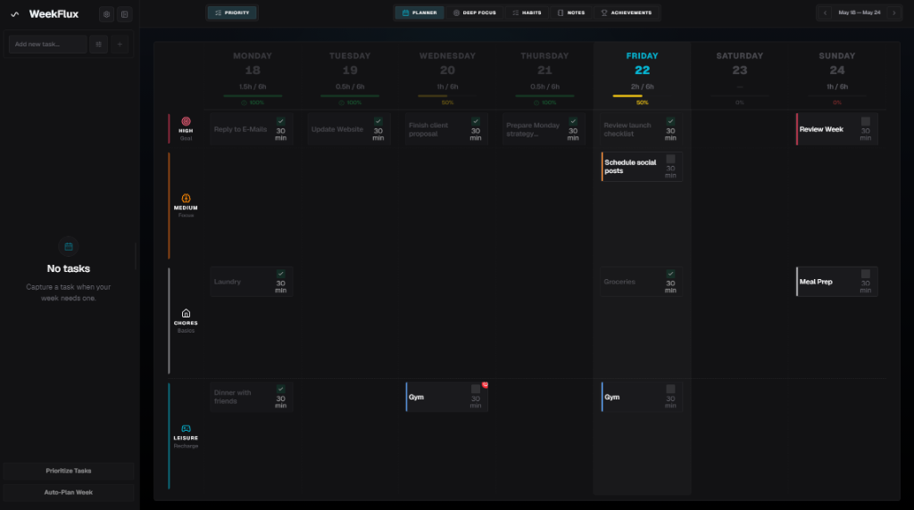 WeekFlux planner on a desktop monitor